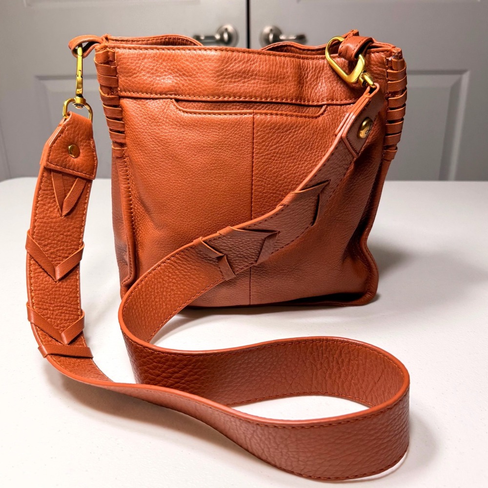 HOBO Leather Crossbody Bag Cognac Brown Whipstitch Small Boho